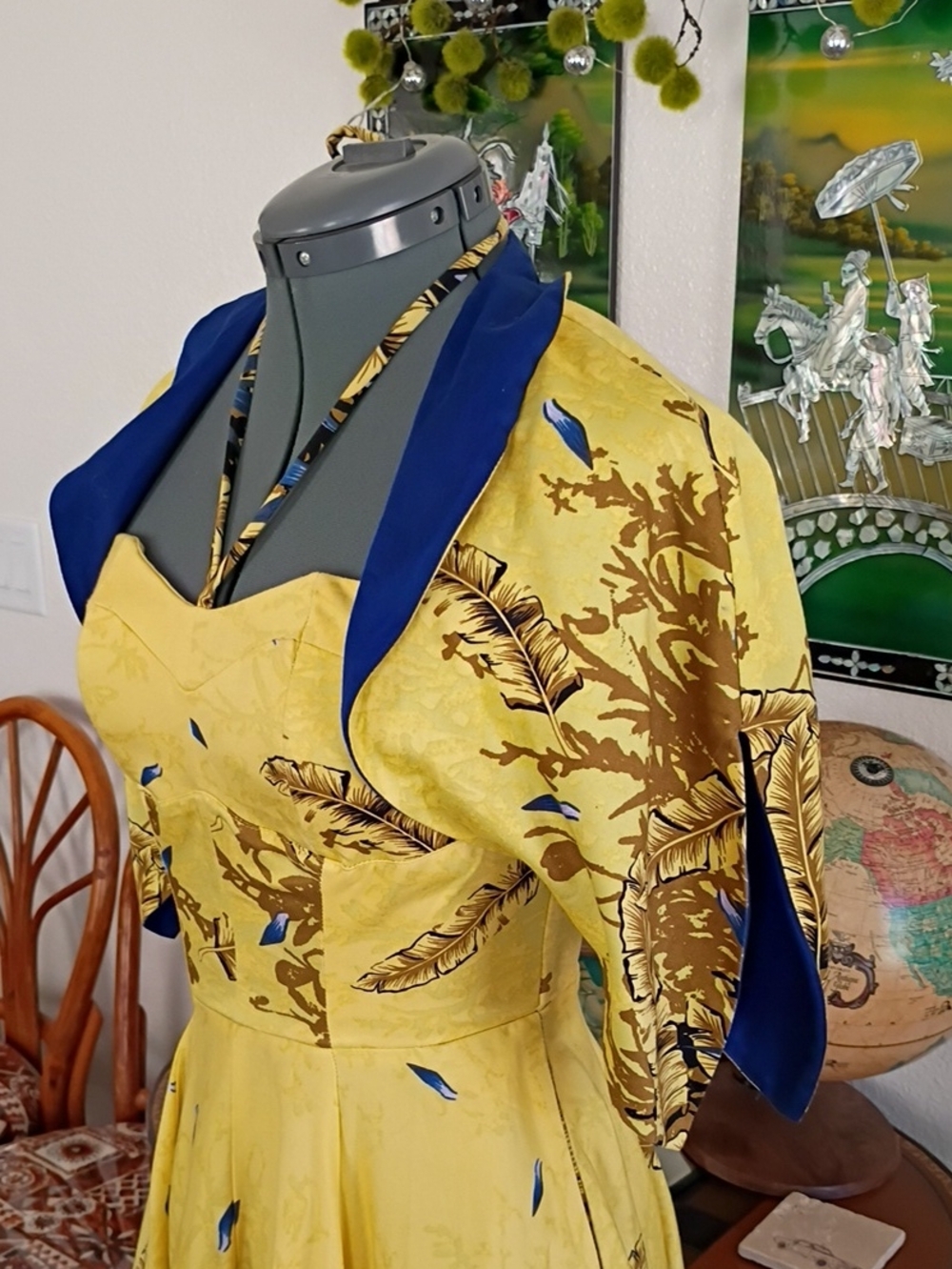 Deadly James Hawaiian Tiki Pin-up Dress Yellow And Blue Cotton Size Small - Picture 2 of 6